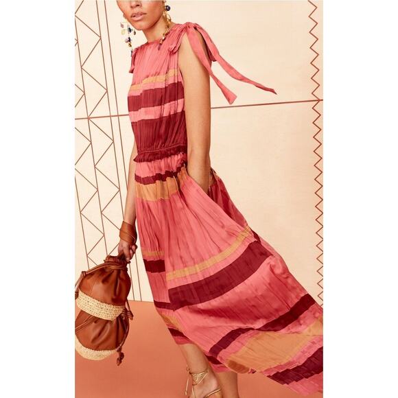 $878 Ulla Johnson - Alessa Dress in CeriseStriped Pleated Plissé Midi Sz 2 - Picture 9 of 16